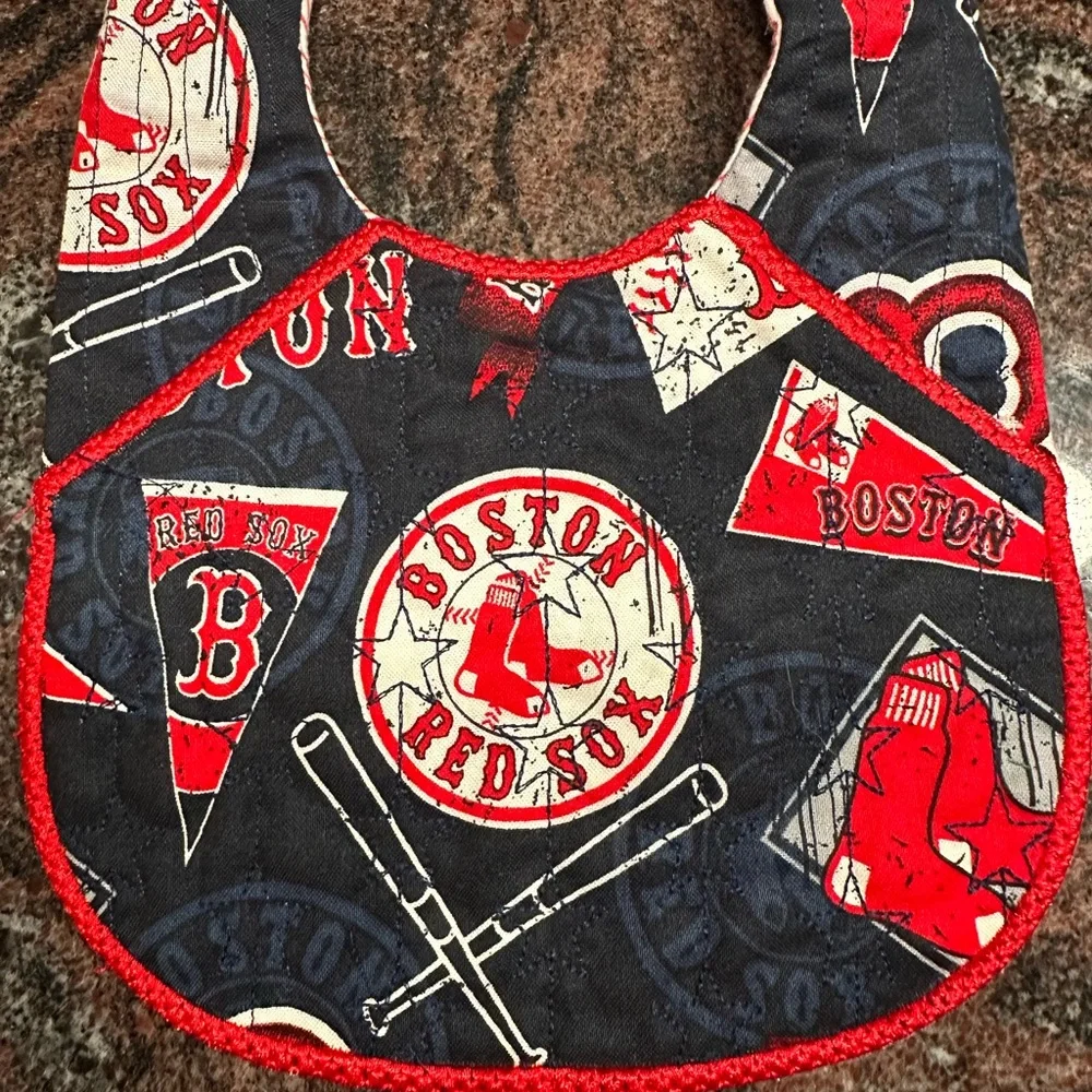 Handmade reversible quilted baby bib in Boston Red Sox design